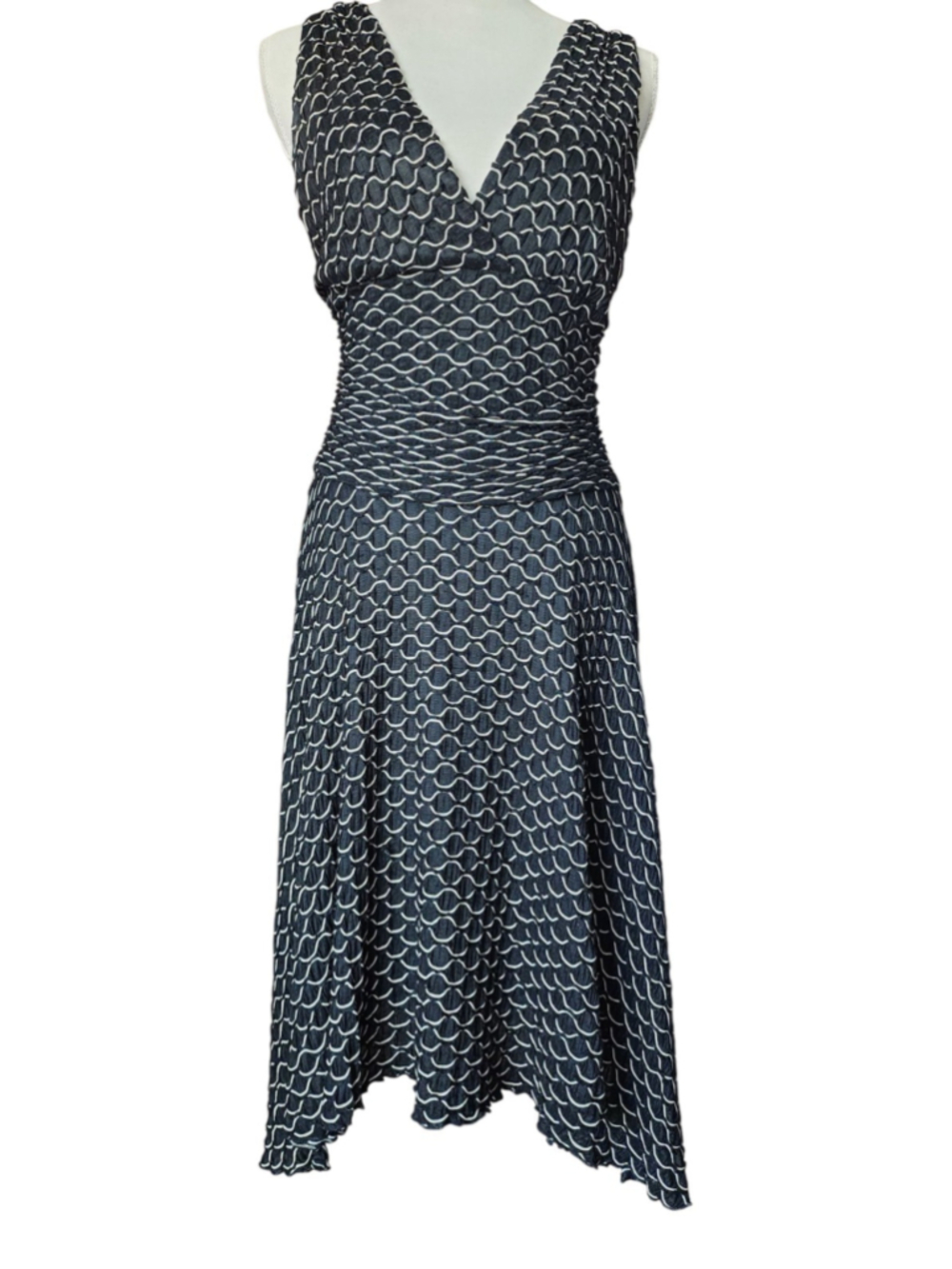 Vintage Y2K Just In Time USA Black Cream Wave Scallop Stretch V-Neck Dress M